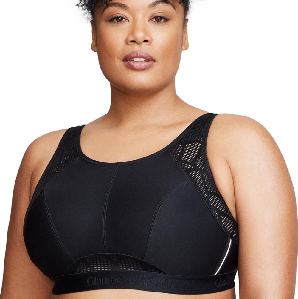 Sz 44D Black Glamorise Womens No-Sweat Mesh Sports Bra Wirefree